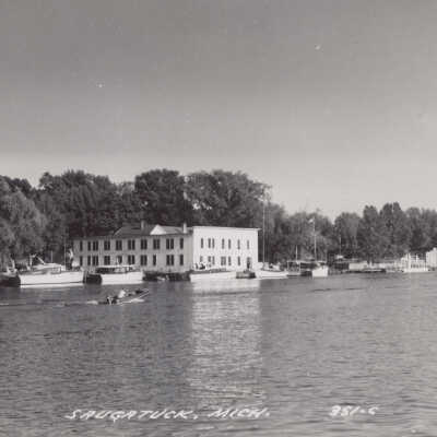 Real photo card of Mt. Baldhead Hotel and Kalamazoo River: 351-C by L.L. Cook Card Co., Milwaukee