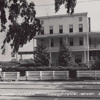 Real photo card of Hotel Butler with shuffleboard players: 347-C by L.L. Cook Card Co., Milwaukee