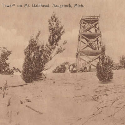 "Observation Tower" on Mt. Baldhead, Saugatuck, Mich.: 60240 for Charles W. Parrish, Red Cross Drug Store. Printed in Germany.