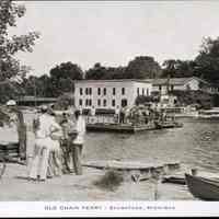          Ferry_with_car_and_people_ca_39.jpg 715MB; Old Chain Ferry 64053 - 1940s-style people, with bicycles, wait for the old ferry scow which is hauling a car across the river. Mt. Baldhead hotel and a launch, possibly the Wolverine, in the background. Postcard from Zolper collection.
   