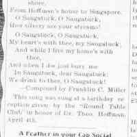          cr1906042001SaugatuckPoemByFranklinMiller.jpg; Saugatuck poem/lyric by Franklin C. Miller and A Feather in your Cap social invitation hosted by Mrs. R.T. Rodgers at the M.E. Church
   