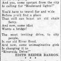          cr1933080408Controversy-EdithReiderBarron.jpg; Edith Reider Barron complaining about modernization efforts like street lights, a bridge at the Chain Ferry and renaming River Road/Park Street to Riverside Drive. (Not the same street as the current Riverside Drive north of the Saugatucks
   