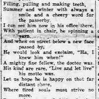          cr1939102701TheVillageDentist-Poem.jpg; 1939 Ode to the Village Dentist, likely Dr. Herman E. Kreager who died in 1939,  by a Summer Patient
   