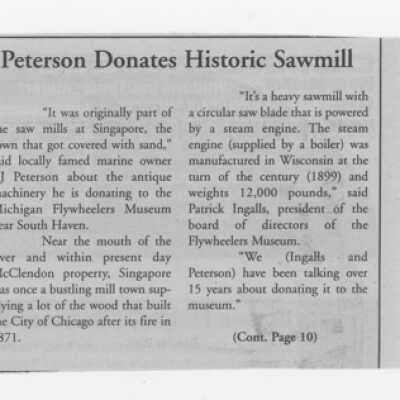 Peterson Donates Historic Sawmill, no date or publisher