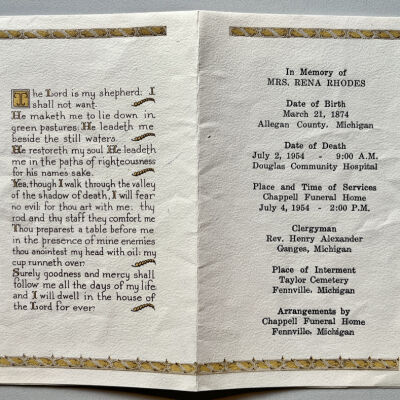 Memory card for Mrs. Rena French Rhodes, 1954, spouse of Frank L. Rhodes