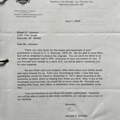 Copies of the coorestpondece with O.C. Simonds were sent to the Bently Historical Library at the University of Michigan