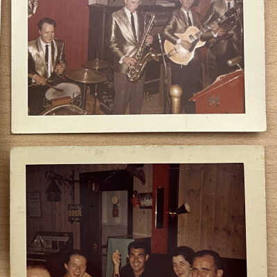 2017.13.04 c - Top Photo (gold jackets) timestamped Feb. 1961.: 2017.13.04 a - Original photo - "Toadville 1963 Noel, Mary, Leo, Joan & Vince"