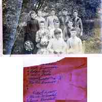          HH-CongSundaySchool-wMayHeath.jpg 10MB; First Congregational Church of Saugatuck Sunday School class posed in a garden. The young ladies are identified on a scrap of paper as 1. name torn away, 2. ? Takken, 3. May Francis 4. Addie Bell, 5. Callie Pride. Middle row L-R 1. Mattie Hames, 2. no name written, 3. no name written. Front row 1. Marie Schnobel, 2. Yena Randall.
   