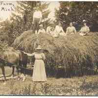          014.Hayride.FairviewFarmDouglas.jpg 256KN; Fairview Farm, Douglas. Two horses are harnessed to a wagon loaded with hay. Four adults, three children and a driver are ready for a hayride. A woman wearing a hat stands with one hand on a horse's rump.
   