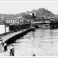          Passengers debark from “Puritan” on Lake Macatawa to board Interurban for Saugatuck. ca 1912; Interurban at Macatawa ca 1900
   