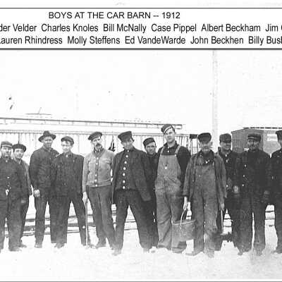 Dick Boeve, John Vander Velder, Charles Knoles, Bill McNally, Case Pippel, Albert Beckham, Jim Cardwell, Harry Stewart, Lauren Rhindress, Molly Steffens, Ed VandeWarde, John Beckhen, Billy Busby: Car Barn1912