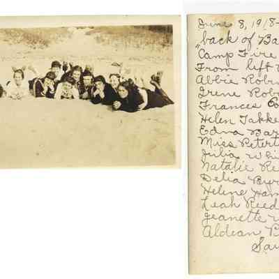 Barr-GirlsOnBeach-Jun8-1918-2.JPG 251KB: June 8, 1918, on beach back of Baldhead "Camp Fire Girls" From left to right - Abbie Robinson, Irene Robinson, Frances Comey, Helen Takken, Edna Barr, Miss Petertyl Ass't Gard, Julia Whipple, Natalie Reed, Delia Byron, Helene Hamilton, Leah Reed, Jeanette Walker , Aldean Pear