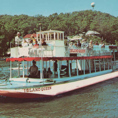 Island Queen with Mt. Baldhead Radar dome in background: 32508-C by Dexter Press, photo by Penrod Studio, Berrien Center, Mich.