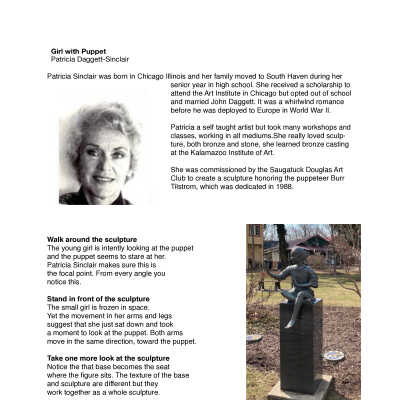 Girl with Puppet/Patricia Daggett-Sinclair/Final.pdf: Located in Saugatuck Village Square. Sculpture also called the Saugatuck-Douglas Art Club Burr Tillstrom memorial.