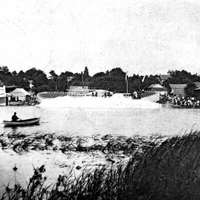 August 29, 1884 The Joseph C, Suit is launched at the Brittain and Elliott yard, at the present location of Wicks Park. A large and enthusiastic crowd cheered as she slid sideways into the river.: J C Suit Launch 1884