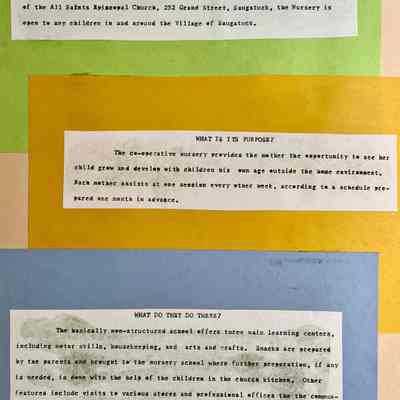 Green 14x12" scrapbook information about the school