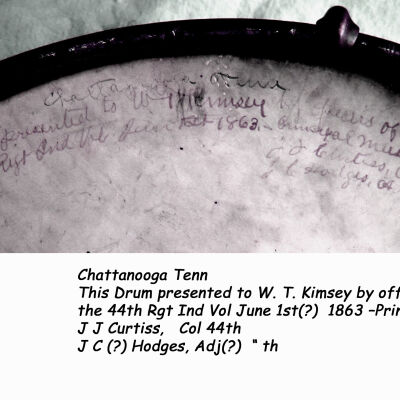 drumBotInscr.jpg 1.1MB: Digital files on Jack Sheridan Drive 2021.72.02 
--Original snare side

Chattanooga Tenn
This Drum presented to W. T. Kimsey by officers of
the 44th Rgt Ind Vol June 1st(?)  1863 –Principal (?) Musician
J J Curtiss,   Col 44th
J C (?) Hodges, Adj(?)  “ th

Photo by Dick Haight.
