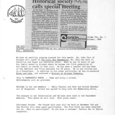Oct 1988: Oct. 12 meeting 7:30pm at All Saints Episcopal Church