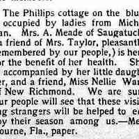          cr1902121905PhillipsCottageOnBluff.jpg; Phillips cottage on bluff, Mrs. A. Meade, Mrs. Taylor, Miss Nellie Ward of New Richmond
   