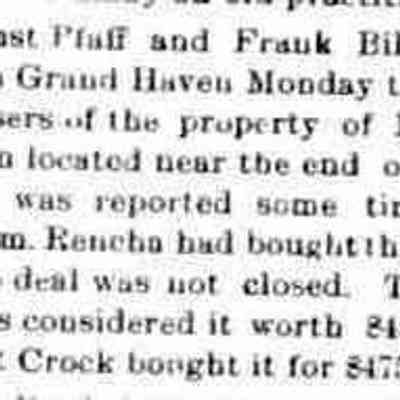 cr1905050501GarrettCrockBuysLakeStHome.jpeg: August Pfaff, Frank Billington, Mrs. C. Cleason property near end of Lake Street. William Rencha, Garrett Crock