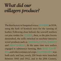          What did our villagers produce?; The first factory in Saugatuck was a tannery in 1834,
using the bark of hemlock trees for the tanning of
leather. Following close behind, the sawmill workers
cut pine timber for lumber, then, as the pine forests
diminished, the mills switched to machine-intensive
wood products such as shingles, lathe, barrels
and fruit baskets. At the same time new settlers
engaged in subsistence farming, then fruit growing,
and other commercial crops. boatbuilding was
both early and late, nearly 200 boats were launched
between 1845 and 1912, and in the 20th Century,
River Queen houseboats were built in Douglas and
luxury yachts constructed near the mouth of the river.
In 1923 the American Twisting Company in Saugatuck
began making twisted paper cord products,
and beginning in 1953, workers were turning
out frozen pies on Culver Street. Today only two
industries remain, both in Douglas: Haworth, which
makes components for office furniture including
chairs, tables and file cabinets, and Douglas Marine
which builds the Skater brand of pleasure boats.
   
