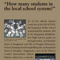          “How many students in the local school system?”; As of the official student
count day in the fall of 2010,
the Saugatuck Public School
system had 842 students, 440
in the Saugatuck Middle/Senior
High School, grades six
through twelve, on Elizabeth
Street in Saugatuck and 402 in Douglas Elementary
School, kindergarten through fifth grade, on Randolph
Street in Douglas. Saugatuck is part of the Ottawa
County Intermediate School
District which has a schoolsof-
choice program, so 251 of
that total were out of district
students who elected to attend
Saugatuck schools.
   