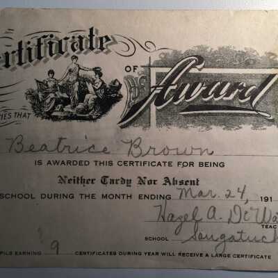 Beatrice Brown Certificate of Award March 24, 1916
