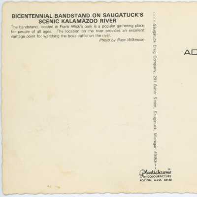 Bicentennial Bandstand on Saugatuck's Scenic Kalamazoo River Postcard Reverse
