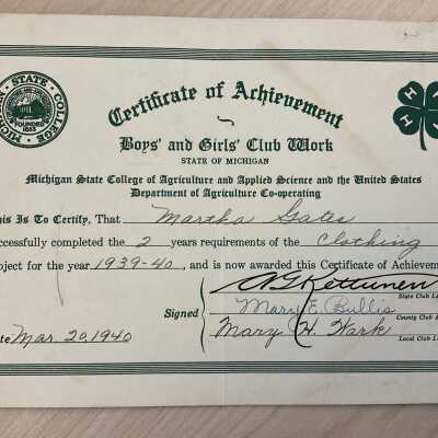 Certificate of Achievement for two years of clothing contruction
