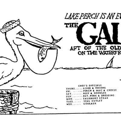 Source: SDHS newsletter pg. 263: An advertisement for The Galley, a part of the Coral Gables complex, when lake perch were plentiful. This ad is from the late 1960's. The small restaurant is on the lower level on the river water side of the building and was frequently flooded in the 1970's and early 1980's during high water. It was also known for hot home made donuts during breakfast hours.