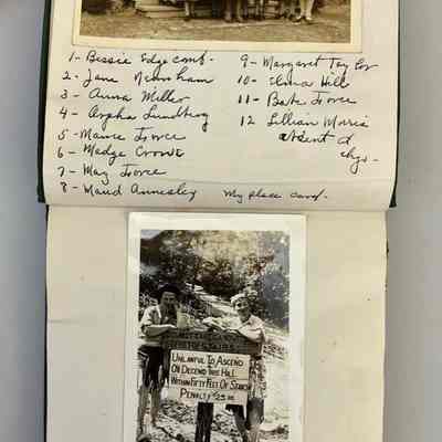 Bessie and Maud - Hostesses at our summer picnic - foot of Mt. Baldhead: Sign reads "Do not take sand with ? 50 feet of stairs / Unlawful to ascend or decend [sic] this hill within fifty feet of stairs Penalty $25.00