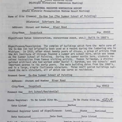 Ox-Bow Inn State Historic Register Inventory Form
