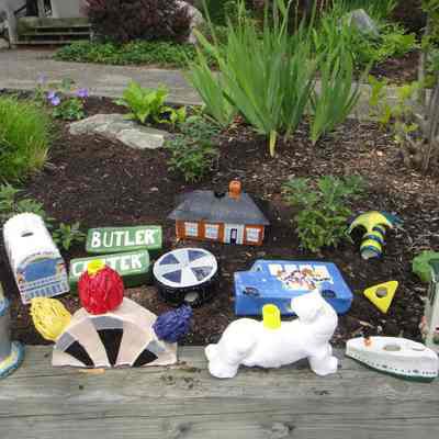 Saugatuck High School ceramic sculptures to stack on poles in garden: Later, these sculptures appear at the History Center/Center St. gardens in the summers.