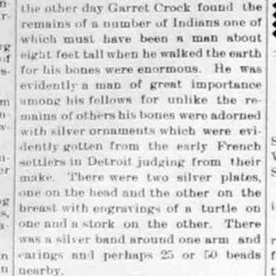 cr1907110807IndianBonesonCulverSt.jpg "Indian Chief's Bones": Garret Crock finds remains and burial objects on Culver St. Remains sold to Roger Reed who let N. Gerber [?] take them to a "collection of Indian relics" in Fremont.