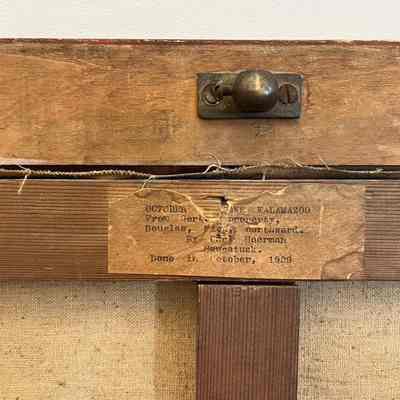 tag on back of canvas stretcher: October... Lake Kalamazoo from Gerb... property, Douglas, Mich, northward. By Carl Hoerman, Saugatuck, Done in October 1929.
[view from Gerber Property aka Tara site]