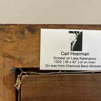 tag on back of frame: Carl Hoerman, October on Lake Kalamazoo, 1929, 36x42", oil on linen, on loan from Chemical Bank-Shoreline