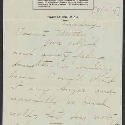 August 14, 1917: Amelia Earhart letter to her mother from Camp Gray, digitized in the Harvard library
