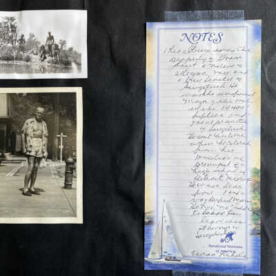 Transcription: This album was the property of Grover Stout a native? of Allegan, Michigan and a true devotee? of Saugatuck. He was the unofficial Mayor of the Oval in the 1940s & fifties and a great promoter of Saugatuck. He sent this to me when he retired from his position as principal of a high school in Detroit, Michigan. He was a dear friend and a wonderful man. He had no children to ?? leave this. It belongs? in Saugatuck.