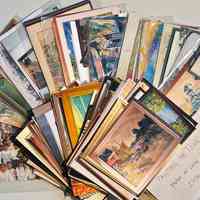 Artwork not displayed in the exhibit photos after removal from their deteriorating album pages.; Also photos of Douglas Elementary school children with their custom-made Painting the Town t-shirts.