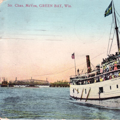 Chas. McVea postcard, circa 1908, to help visualize the voyage. Digital only.: MCVEA, CHARLES (1888, Propeller) Postcard: Green Bay, Wisconsin. 
Source: https://www.nemoha.org/2903303/image/4499183