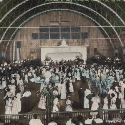 Harvest Dance, interior of Big Pavilion, copyright 1908 by Fred Limouze: A-5927 Chas. W. Parrish, Red Cross Drug Store, published by permission.