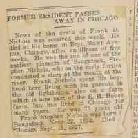         From May Francis Heath scrapbook; Franklin Stephen “Frank” Nichols, 22 Nov 1852 — 15 Sep 1927 (aged 74), Rosehill Cemetery, Chicago.
   