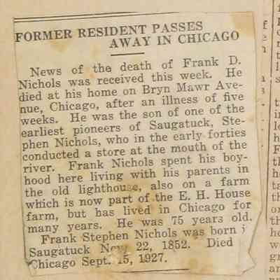 From May Francis Heath scrapbook: Franklin Stephen “Frank” Nichols, 22 Nov 1852 — 15 Sep 1927 (aged 74), Rosehill Cemetery, Chicago.