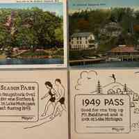          Two views of Mount Baldhead , 1949 Season Pass to Oval Beach , 1949 Pass for one trip up Mount Baldhead and view of Lake Michigan , Sheet 10
   