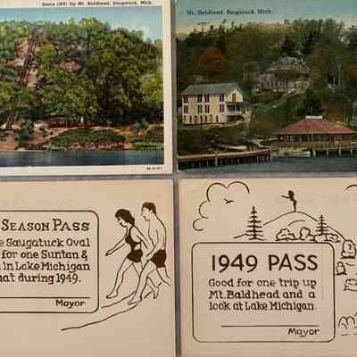 Two views of Mount Baldhead , 1949 Season Pass to Oval Beach , 1949 Pass for one trip up Mount Baldhead and view of Lake Michigan , Sheet 10