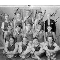          89-1-215_H.S._Team.jpg 1MB; Box 31, envelope 89-1-215 - Eve Bekken, Frank Morris, Noland Shreckingust, Walter Baker, George Troutman, Len Hemwall, Roland Howard, Frank Park?, Rola or Rola, Taylor Plummer, Jean Simonson, Jim Green, Bud Bekken
   