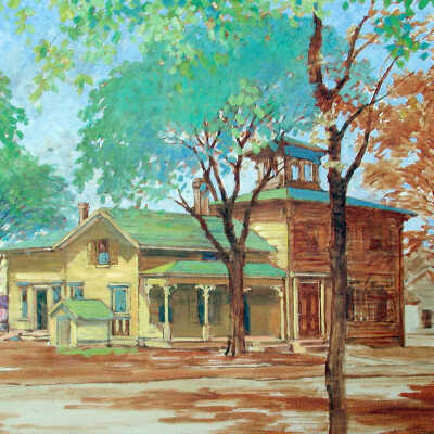 Painting of the very fine Brittain house on the corner of Mason and Griffith. The house was razed in 1967 but much of the structure was incorporated into the Erik Peterson house on Holland Street.: Brittain House Painting