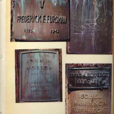Scan-100810-0010.jpg 795KB: Temple plaques. Gravestones or memorials attached to trees in the Ox-Bow temple to commemorate Fredrick Fursman, Thomas Eddy Tallmadge, John W. Norton, Edgar Rupprecht and Isobel MacKinnon Rupprecht.