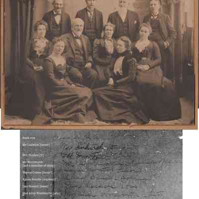 HH-ChoirGroup.jpg 10.5MB: From Hames-Houtcamp family collection assembled by Chris Yoder
Back row
Mr Ludwick [tenor]
Will Dunton [?]
Mr Woodworth
[not a member of choir]
Wayne Coates [tenor]
Agnes Bandle [soprano]
Dan Russell [base]
Mrs Alice Woodworth [alto]
Mrs Dell Coates [soprano]
Grace Bandle [alto]
Mattie Hames organist