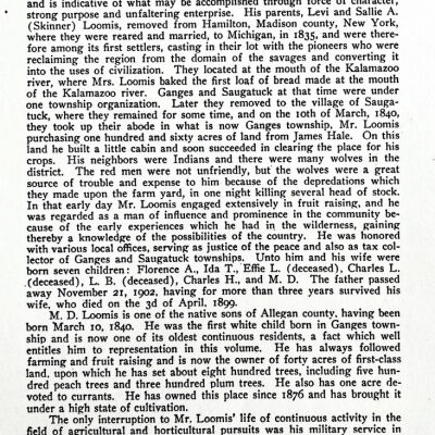 Photocopy of pages 159-160 from the "A Twentieth Century History of Allegan County" by Dr. Henry F. Thomas, 1907, about M.D. Loomis.